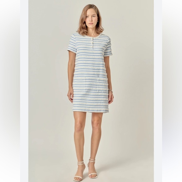 ENGLISH FACTORY Fringe Striped Polo Blue and White Mini Dress - Picture 1 of 5
